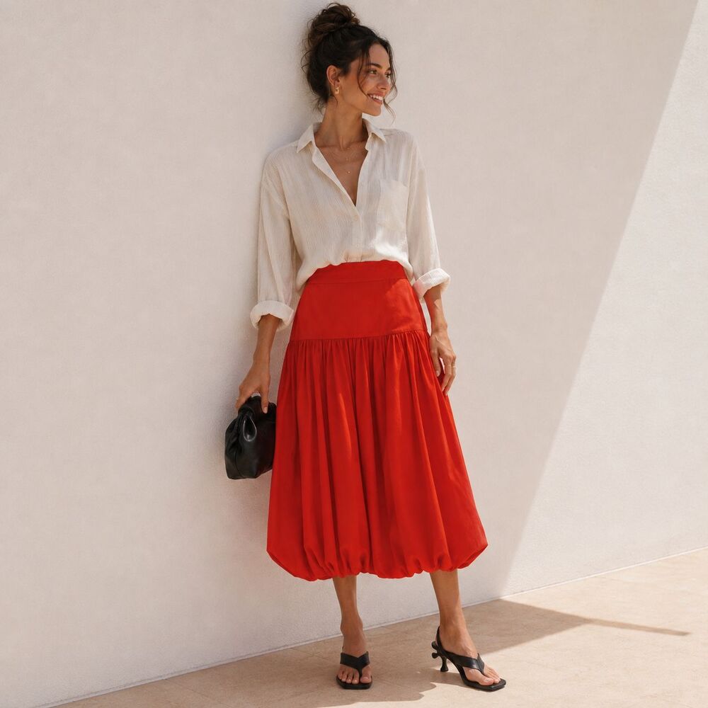 H&M EDITION Women's New Midi Skirt US 8 Bright Red Modern Balloon Pleated